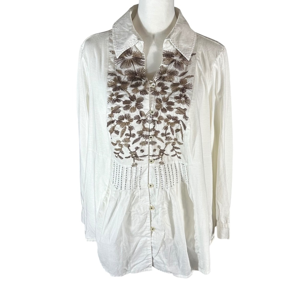 Coldwater Creek Button Up Shirt Women 2X White Brown Floral Embroidered Pintuck